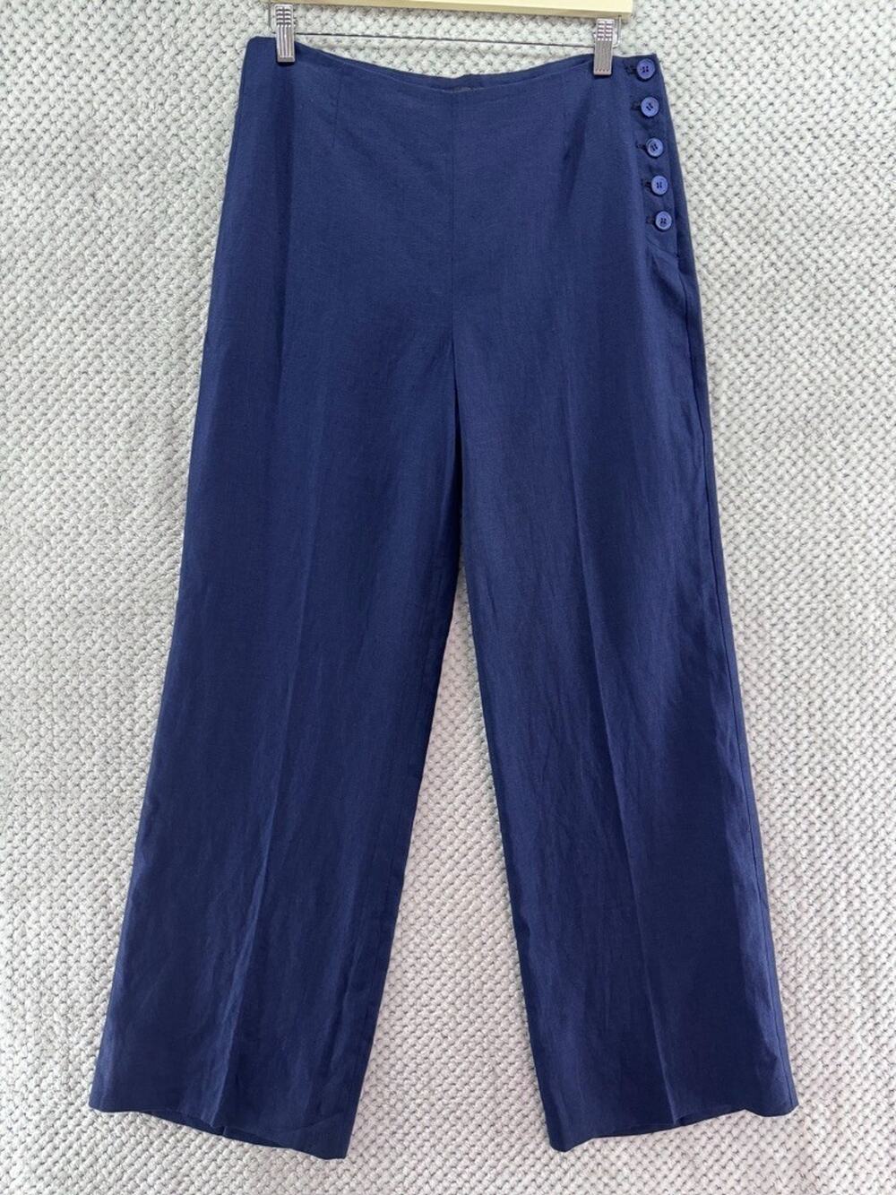 Talbots Linen Wide Leg Pants Womens 8 Blue High Rise Nautical Beach Preppy Sail